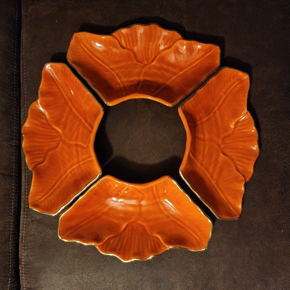 Vintage Orange Leaf Gold Trim Bowl & 4 Serving Plates USA California M700 - Picture 5 of 11